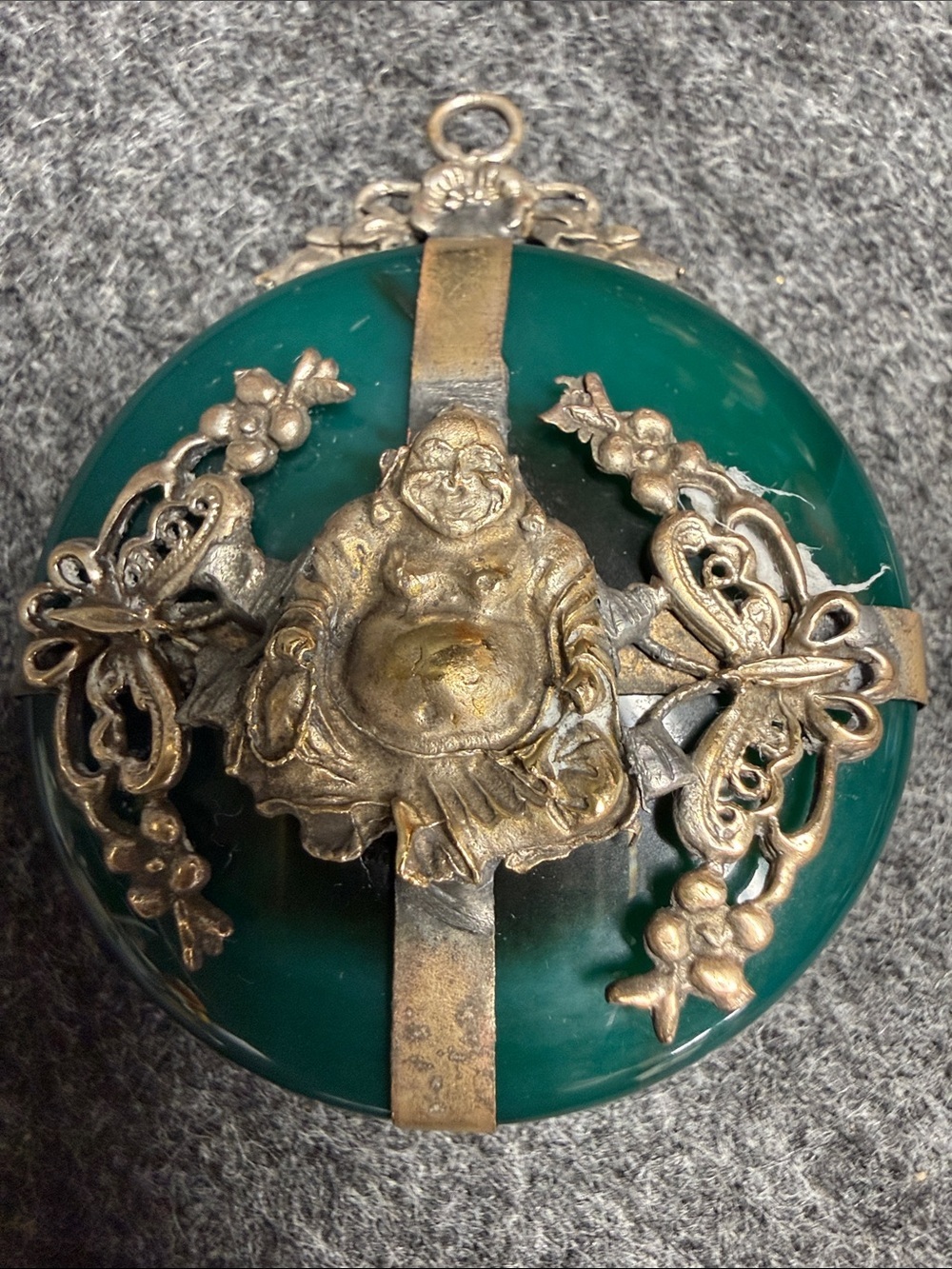 Antique, vintage, Green Jade-Style Buddha Brooch with Silver-Toned Accents - Picture 2 of 11